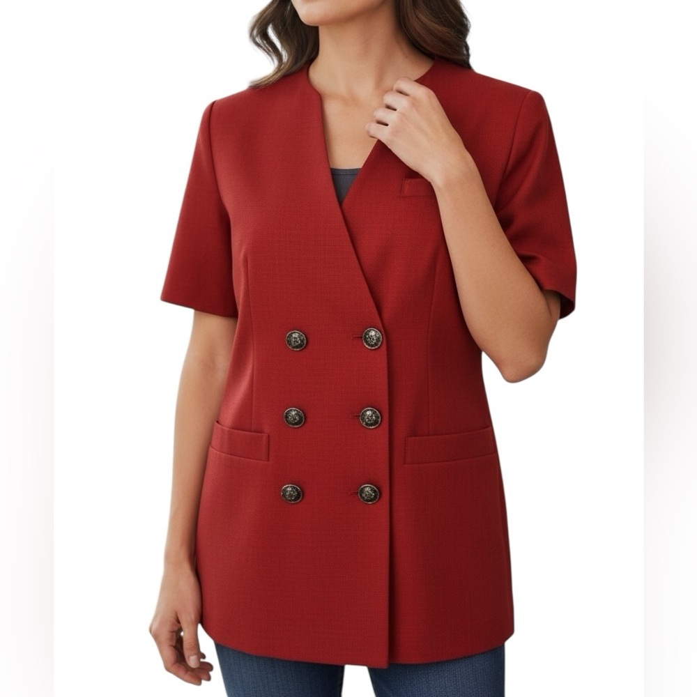 LE SUIT Jacket Blazer Top Red Double Breasted Short Sleeve Size 6P Lined